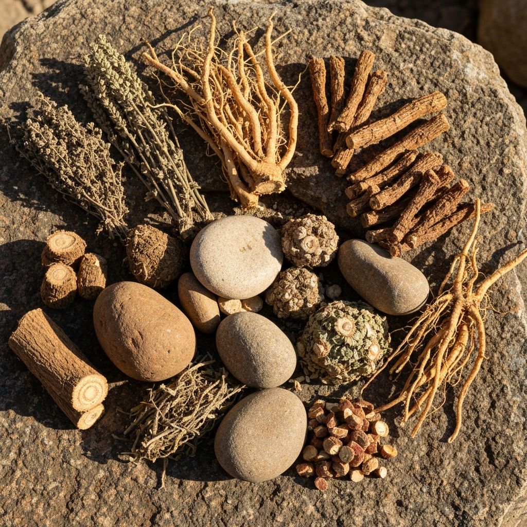 Multiple varieties of dried roots and herbs arranged together